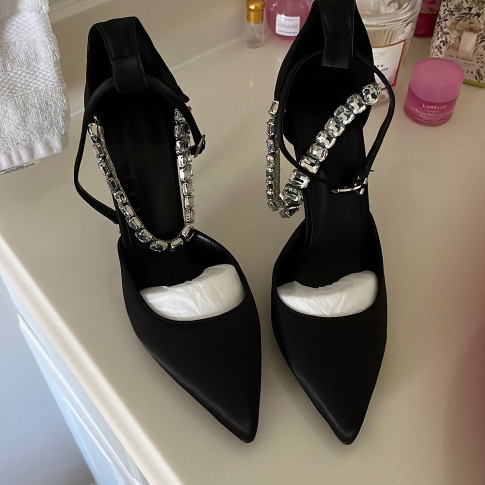 Black size 8 satin heels for wedding or prom